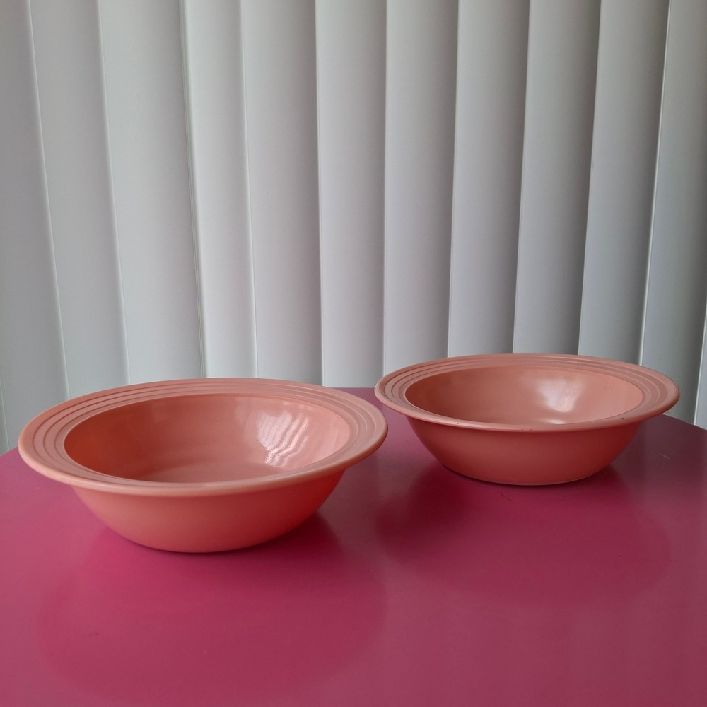 Hazel Atlas Moderntone Peach/Pink Milk Glass Soup Bowls Set of 2 Vintage MCM